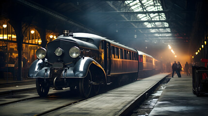 Classic cars in a steam train station industrial era smoke and steel --ar 16:9 --v 5.2 --style raw - obrazy, fototapety, plakaty