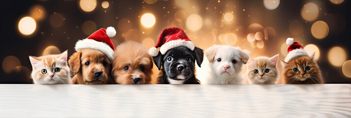 Christmas banner with cute puppies and kittens. Group of dogs and cats with red Santa hats above white banner looking at camera. Christmas signboard or gift card for pet shop or vet clinic.