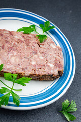 terrine pate champagne traditional pork beef meat fresh tasty eating cooking appetizer meal food snack on the table copy space