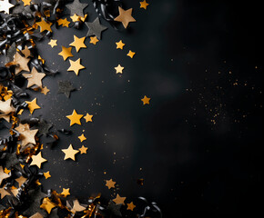 Golden starry sparkle on dark blue festive background.
