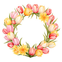 tulip flowers in a round floral frame isolated on white transparent background 