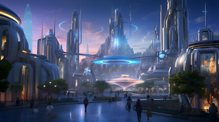 City with a blend of ancient and futuristic architecture time-travel theme holographic history...