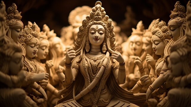 Clay idols of Goddess Durga intricately designed for Durga Puja.