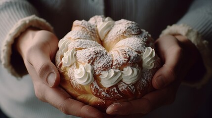 Close-up of hands holding a Swedish Semla bun for Fettisdagen.
