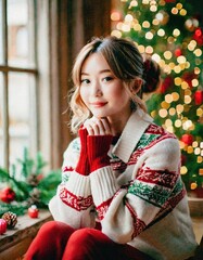 Portrait of a young woman in a Christmas sweater in front of a Christmas tree
