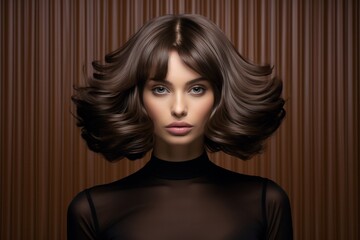 Naklejka premium portrait of a beautiful brunette woman with black top, short haircut on a brown background