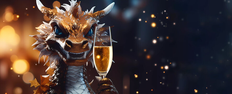 The dragon smiles and holds a glass of champagne. Year of the Dragon. Golden bokeh. Banner. Generated AI. Edited in Photoshop