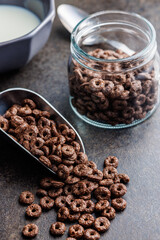 Sweet breakfast cereals in scoop on kitchen table.