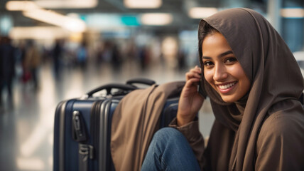 Obraz premium portrait of happy smiling young woman taking selfie photo with smart mobile phone boarding airplane, cheerful tourist at airport, travel lifestyle concept going on summer vacation, space for text