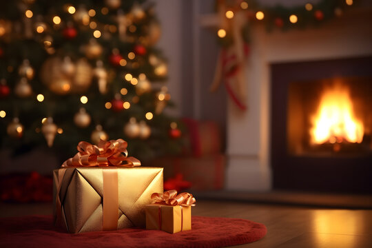 Gift boxes wrapped in golden paper lying on the floor, and a Christmas tree in the background. AI generated image.