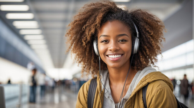 portrait of happy smiling young woman with headphones taking selfie photo with smart mobile phone boarding airplane, cheerful tourist at airport, travel lifestyle concept going on summer vacation, 

