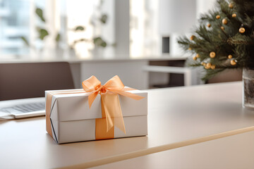 Wrapped gift box on table, minimalistic setting, unfocused background. Ai generated image