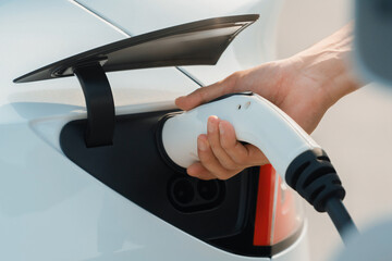 Closeup hand put EV charger to recharge electric car's battery from charging station in city...
