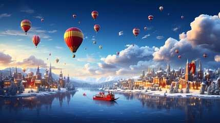 city ​​with balloons. Winter landscape. Banner. Generated AI. Edited in Photoshop