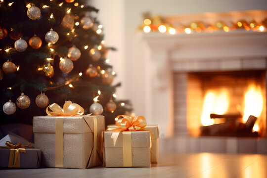 Christmas tree with presents and fireplace in the background. AI generated image.