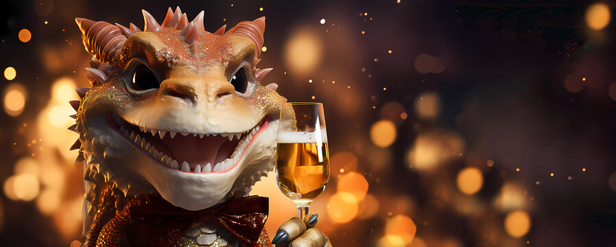 The dragon smiles and holds a glass of champagne. Golden bokeh. Banner. Generated AI. Modified in Photoshop