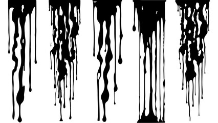Set od Abstract Dripping Paints. Black ink flows down in long streams and drops. Flowing black liquid. Droplets. Dirty grunge texture. Vector illustration isolated on white background Design elements - obrazy, fototapety, plakaty