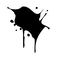 Ink blot. Abstract stain with drops and splashes. Black paint splatter. Vector illustration isolated on a white background. Liquid dirty inkblot. Grunge texture. Design element.