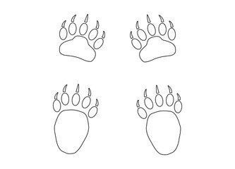 Bear or panda paw footprints with claws. Contour. 4 paws. Black vector illustration isolated on white. Grizzly wild animal paw print icon and symbol. Print, textile, postcard, booklet, pet store.