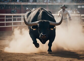 muscled black bull in the bullring, running to the matador in dust and smoke
 - obrazy, fototapety, plakaty