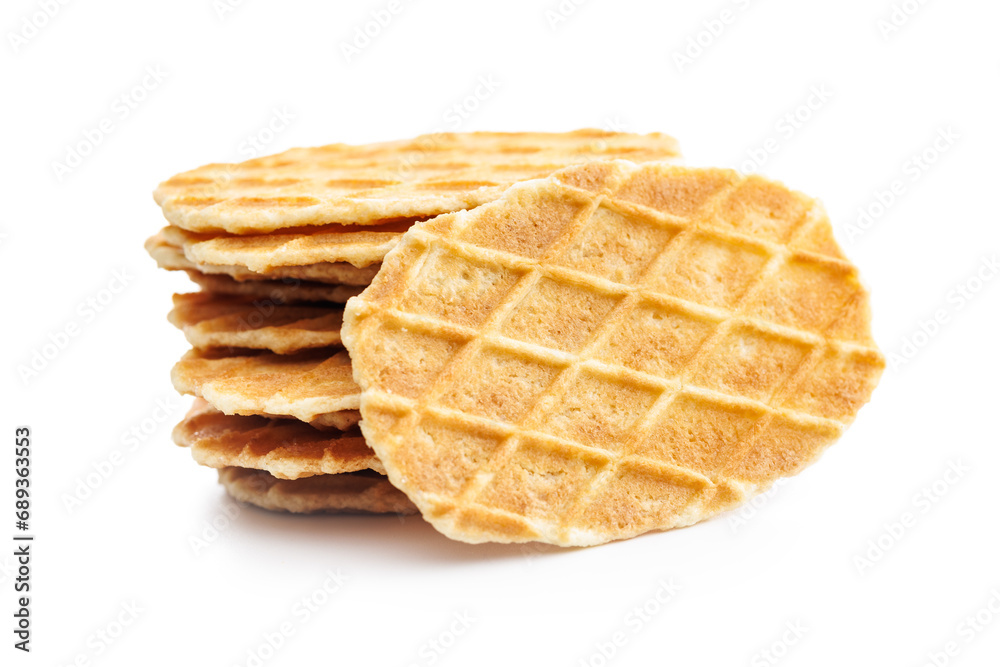 Poster round waffle biscuits isolated on white background.