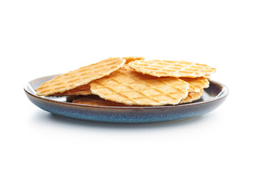 Round waffle biscuits isolated on white background.