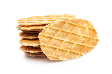 Round waffle biscuits isolated on white background.