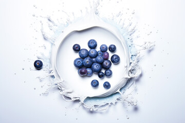 Top view of ripe blueberries in a splash and drops of yogurt.