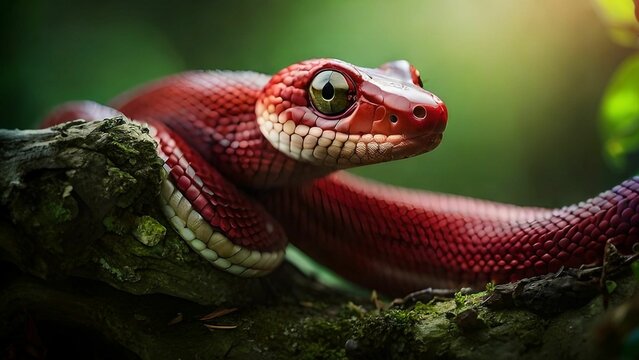 brightly colored red snake with its mouth agape, perched on a branch of a tall tree