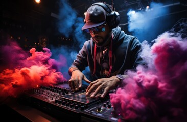 dj man performing a mix at the venue lighting up smoke
