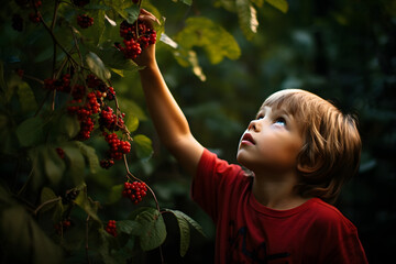 child reaching for fruit, fruits, kid eating fruit, wild berrys, berry picking, childhood, food, kid playing, hungry kid - Powered by Adobe