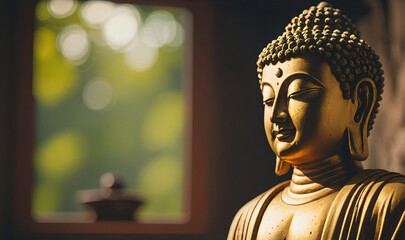 closeup of a statue of a contemplating buddha on blurry background, generative AI