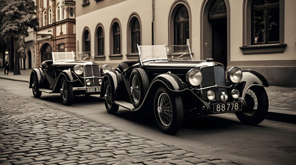 Elegant 1930s roadsters on a cobblestone street black and white photography style --ar 16:9 --v 5.2 --style raw