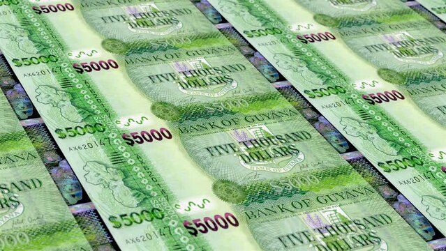Guyana Guyanese Dollar 5000 Banknotes Money Printing House, Printing Five Thousand Guyanese Dollar, Printing Press Machine Print out Guyanese Dollar, Being printed by currency press machine 5000