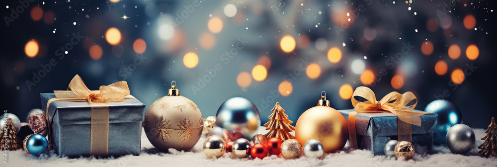 Wall mural christmas banner. background xmas design with festive gift boxes and christmas balls. horizontal chr