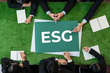 Top view panoramic banner ESG symbol on green grass meeting table with group of diverse business...