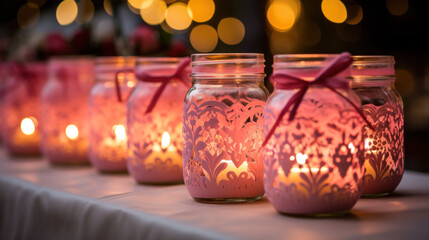 Romantic candlelight glows from patterned jars, adorned with ribbons, setting an intimate ambiance. Ideal for weddings or cozy home decor.
