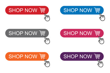 Shop now. Set of button shop now or buy now, Online shopping. Click here, buttons hand pointer clicking. Shop now button. Vector illustration in flat design . Modern collection for web site. Vector - obrazy, fototapety, plakaty