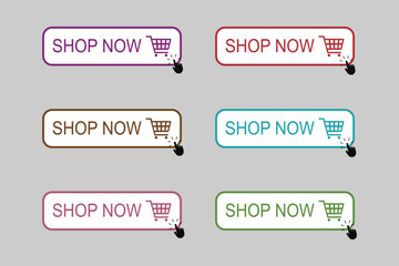 Shop now. Set of button shop now or buy now, Online shopping. Click here, buttons hand pointer clicking. Shop now button. Vector illustration in flat design . Modern collection for web site. Vector