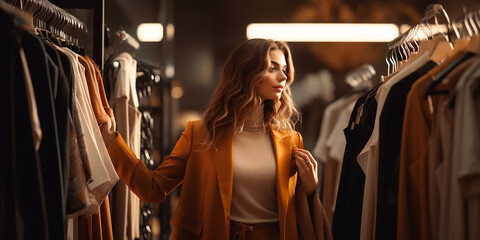 Woman choosing clothes in fashion store - obrazy, fototapety, plakaty