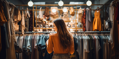 Woman choosing clothes in fashion store - obrazy, fototapety, plakaty