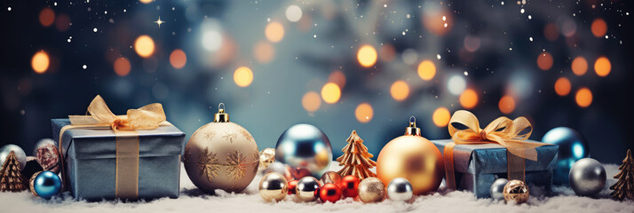 Christmas banner. Background Xmas design with festive gift boxes and Christmas balls. Horizontal Christmas header with golden bokeh.