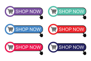Shop now. Set of button shop now or buy now, Online shopping. Click here, buttons hand pointer clicking. Shop now button. Vector illustration in flat design . Modern collection for web site. Vector