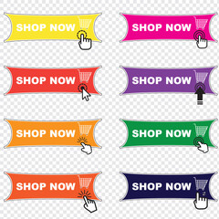 Buy now button with shopping cart. Shop now. Modern collection for web site. Online shopping. Click here, apply, buttons hand pointer clicking. Web design elements. Vector illustration - obrazy, fototapety, plakaty