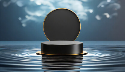 Round black podium on water for product display