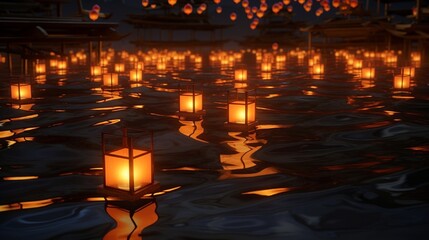 Lit lanterns floating on water for the Japanese Toro Nagashi.
