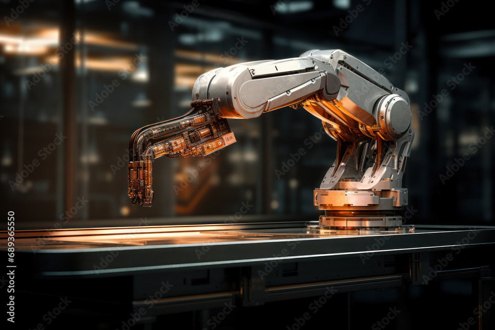 Poster a robotic arm delicately performing complex tasks with precision, showcasing the mechanical dexterit
