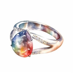Watercolor wedding ring with gemstone, white background. AI generate illustration