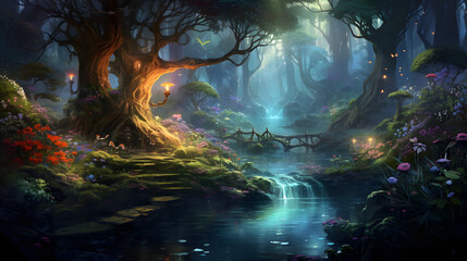 Magical omnibus fantasy landscape mythical creatures enchanted forests --ar 16:9 --v 5.2 --style raw