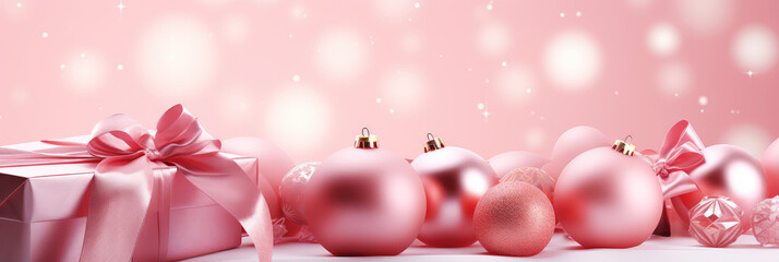 Pink Christmas background with festive gift boxes and Christmas balls. Holiday pink Christmas and New Year backdrop with copy space.